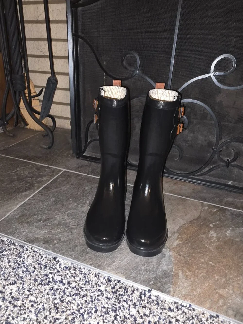 Chooka Rain Boots Mid-Calf Black Double Brown Straps Women's Size 5 Wellies ☔